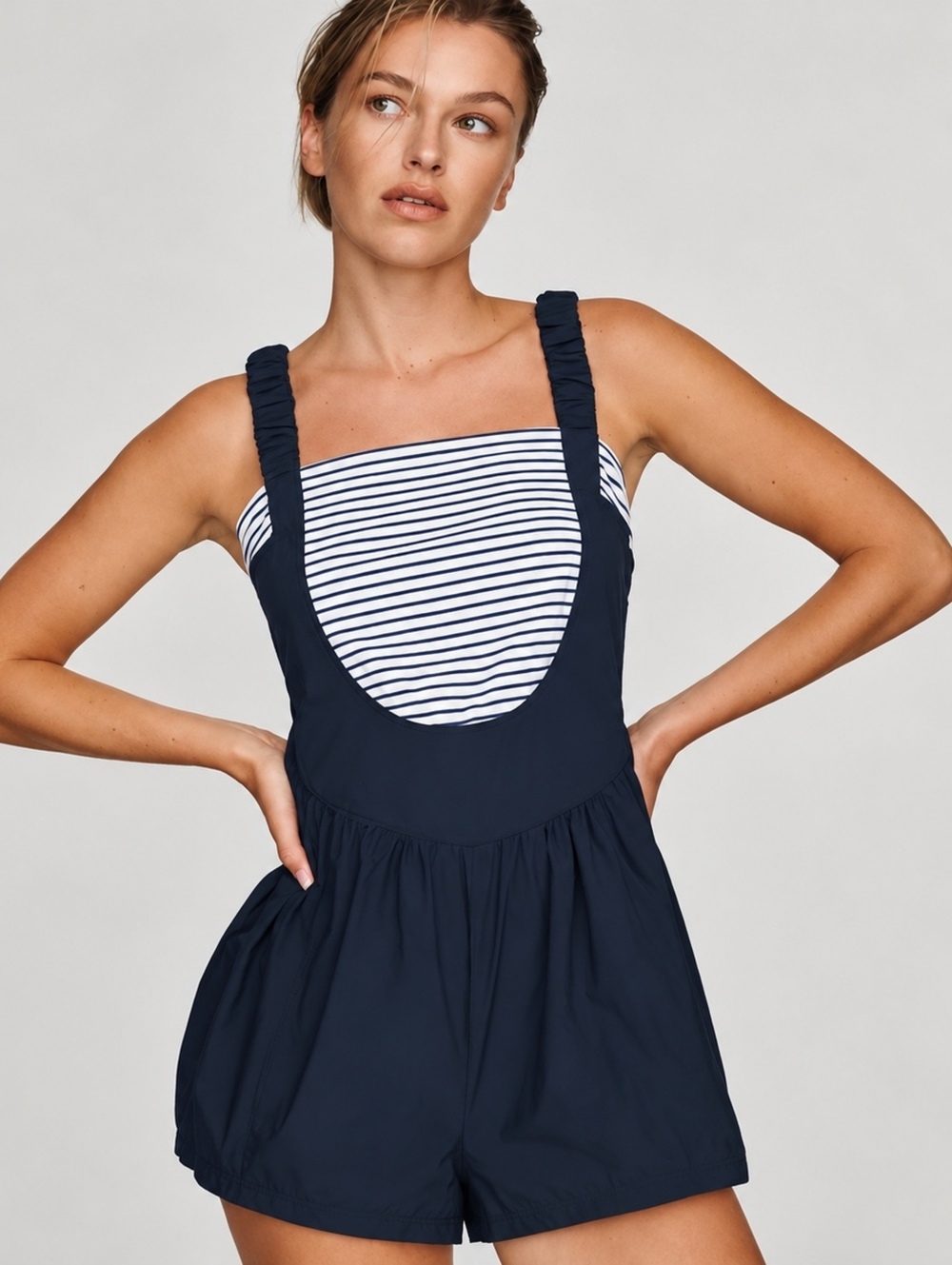 Daily Practice Anthropologie Twofer Romper Navy Blue Striped Bubble Shorts Small